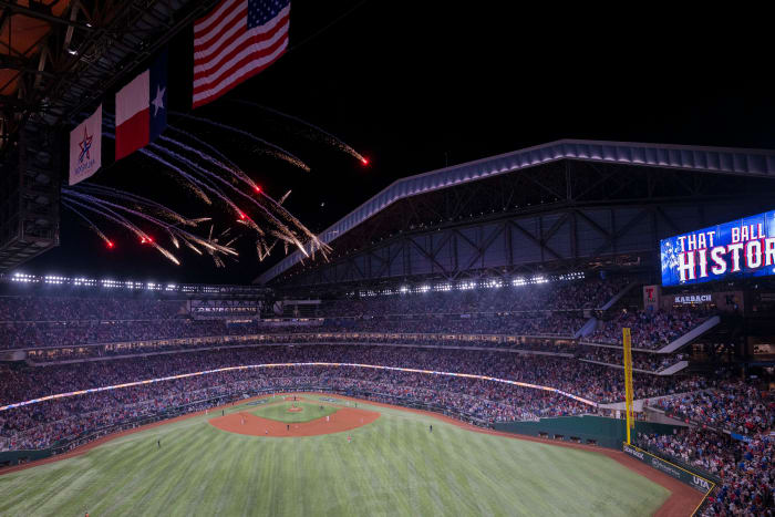 A view of the field and the ballpark and the fireworks after Texas Rangers shortstop Corey Seager hit ga ame-tying solo home run against the Houston Astros in the third inning during Game 4 of the ALCS at Globe Life Field Thursday night.